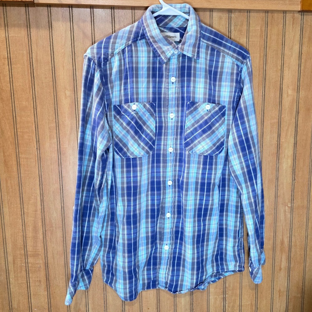 Ruff Hewn Plaid Button Down Shirt‎ Long Sleeve Casual Cotton Blue Mens Size S